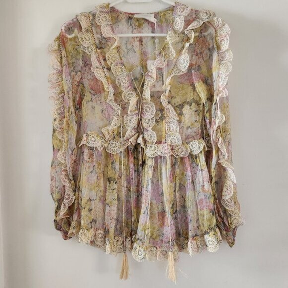 RARE! Zimmermann Valour Scallop Ruffle Blouse Floral Size AU 1 b121 - Picture 2 of 10